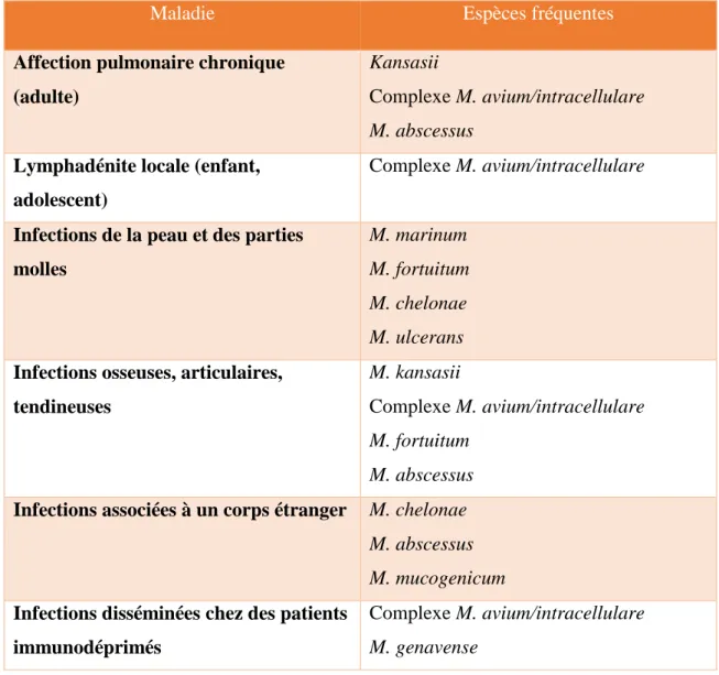 Tableau 2 : Infections en rapport avec les mycobactéries non tuberculeuses (MNT) 