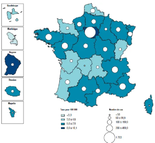 Figure 6 : Nombre de cas déclarés et taux de déclaration de tuberculose (pour 100 000 habitants) par  région de déclaration, France entière, 2013  