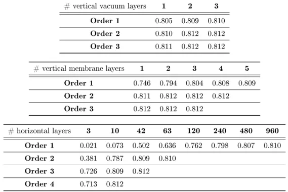 Table 2.1: For the electroelastic problem (2.6)-(2.16) on the reference CMUT illustrated in gure 1.5 the tables show the maximum mechanical displacement u nm versus interpolation order and versus number of vertical element layers in the vacuum gap (top), n