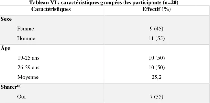 Tableau VI : caractéristiques groupées des participants (n=20) 