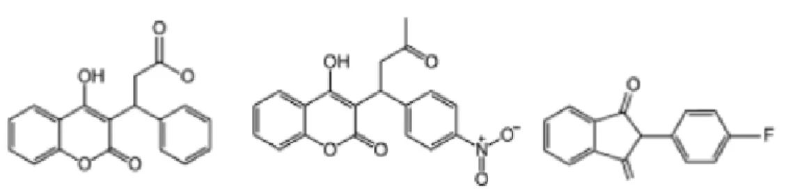 Figure 7 Molécule de warfarine (à gauche), acénocoumarol (au centre), fluindione (à droite) [14] 