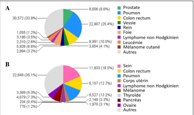 Figure 2 : Mortalités par cancer en France en 2012 chez l’homme (A) et chez la femme (B)  4 