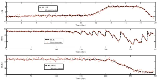 Figure 1. Simulated LSM data used in estimation: state variables (LAI leaf area index,  HUR1volumetric water content of the layer 1; HUR2 volumetric water content of the layer 2).