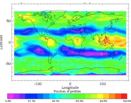 Figure 1.8. Fraction of profiles with subvisible cirrus clouds above the tropopause–3km from  SAGE II measurements in the period 1994-1999