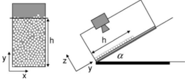 FIG. 1. Sketch of the experimental setup. !Left&#34; View from the camera of the two-dimensional !2D&#34; pile of average height h.