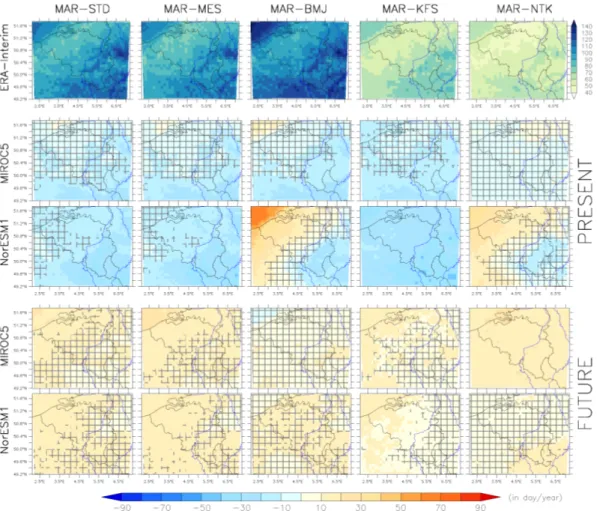 Figure 5. Same as Figure 2, but for the annual mean number of dry days (days without precipitation)  in days/year