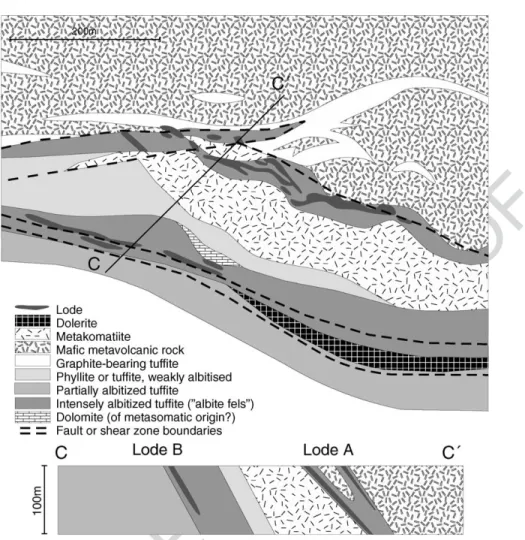 Fig. 8. Plan view and cross-section of the Saattopora deposit. Geology is based on Korvuo (1997); stratigraphy on Lehtonen et al
