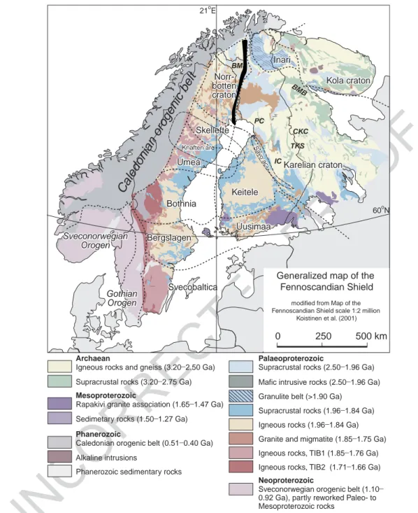 Fig. 1. Simplified geological map of the Fennoscandian Shield with major tectono-stratigraphic units discussed in text (after Lahtinen et al., 2005)