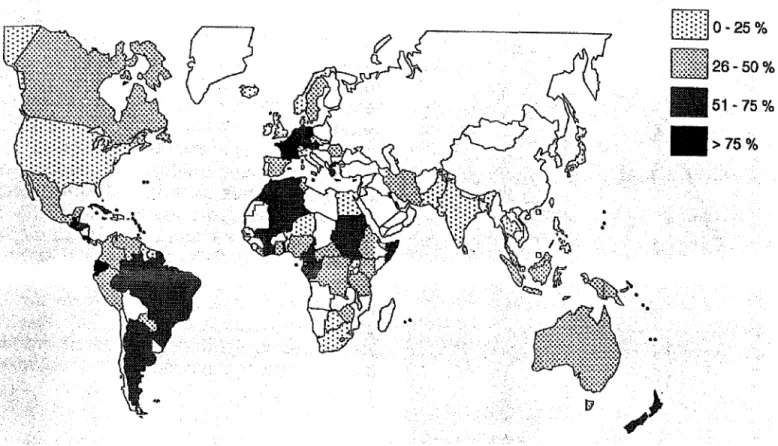 Figure 1:  Prévalence sérologique de la toxoplasmose dans le monde (1993) [36] 