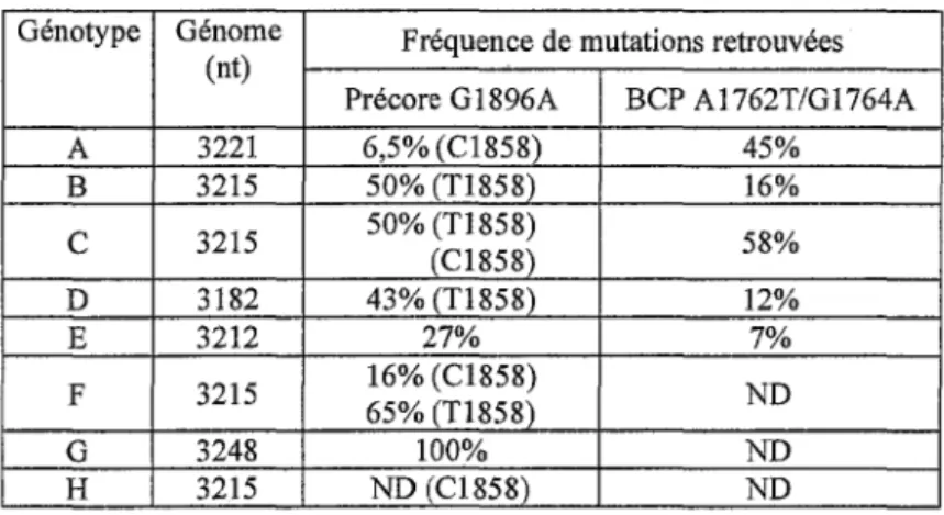 Tableau  Il : Fréquence des  mutations  précore et du  promoteur BCP  retrouvées  en  fonction  du  génotype