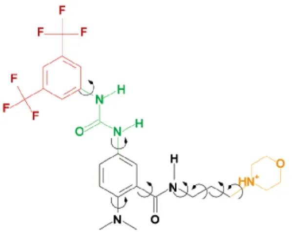 Figure 5 : décomposition en fragments colorés d'un inhibiteur de la β-Secretase [69] [78].