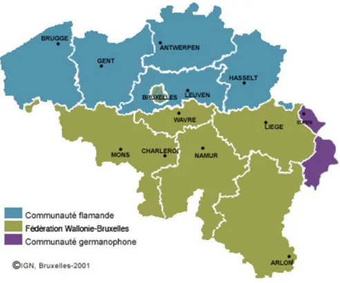 Figure 3.1. Belgium by Community, Region and Its Major Cities      Source: www.federation‐wallonie‐bruxelles.be/.      In brief, the Federal State (l‘authorité fédérale) presides over matters concerning the “general  interests of all Belgians”. These areas