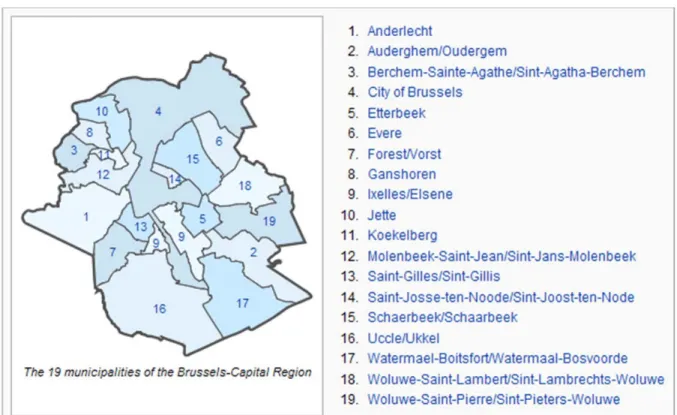 Figure 3.2.The 19 Municipalities of the Brussels‐Capital Region    Source: Cited in Costanzo, Zibouh and Nikolic, 2011, unpublished.    2
