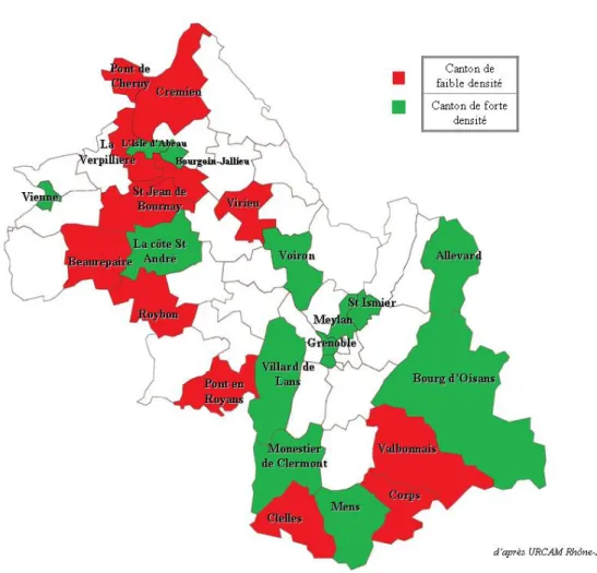 Figure 8. Répartition géographique des médecins généralistes en Isère, en 2005  (densité pour 100 000 habitants) 
