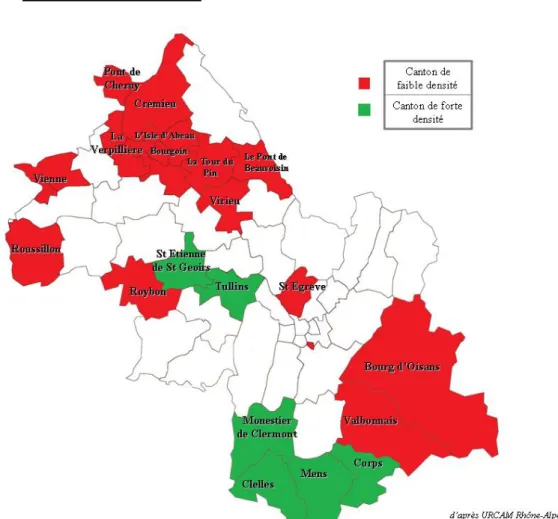 Figure 9.  Répartition géographique des infirmiers libéraux en Isère, en 2005  (densité pour 100 000 habitants) 