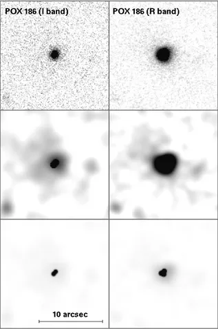 Fig. 2. Top panels show the reduced R and I band frames. Middle and bottom panels show the result of the deconvolution with different intensity cuts.
