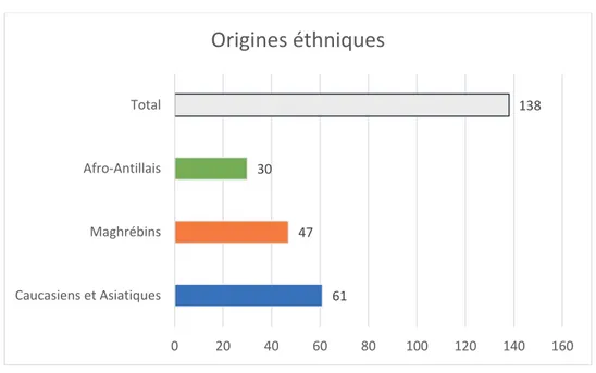Figure 4 : Répartition des origines ethniques des patients inclus dans l’étude :      L’âge moyen de la population étudiée était de 68 ± 12,6 ans, l’IMC moyen de 30,6 ± 7,7 kg/m 2 ,  et l’HbA1c moyenne était de 6,3 ± 0,4 % (Tableau 1).   En ce qui concerne
