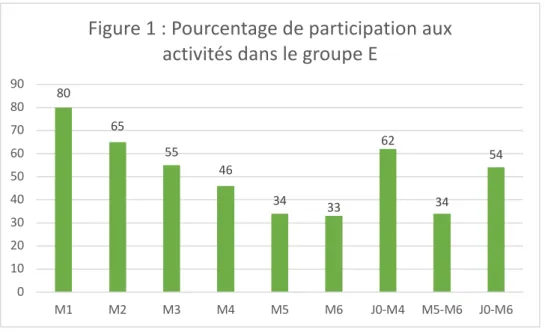 Figure 1 : Pourcentage de participation aux  activités dans le groupe E
