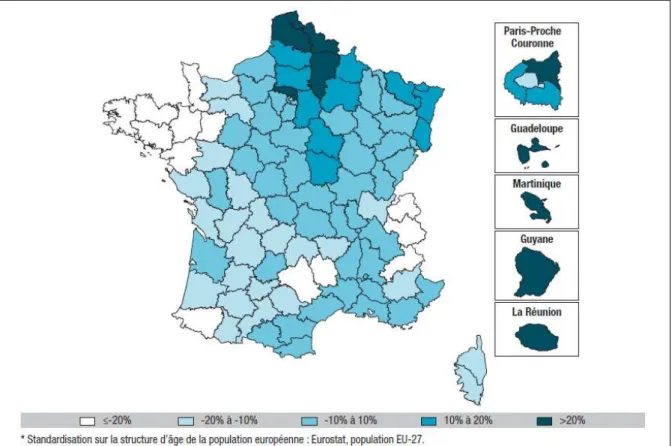 Figure 3 : Variations de la prévalence départementale du diabète traité par rapport  à la prévalence nationale en 2015 en France, issu de (21) 