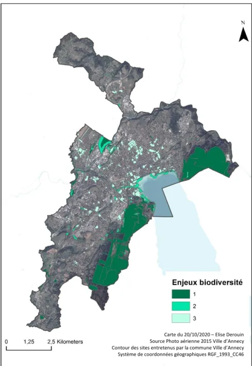 Figure 13 : Indicateur des enjeux biodiversité sur les sites entretenus par la ville d’Annecy –  © Elise DerouinCarte du 20/10/2020 – Elise Derouin 