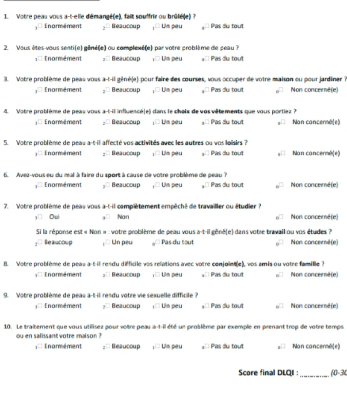 Tableau 4 : DLQI (qualité de vie psoriasis) 