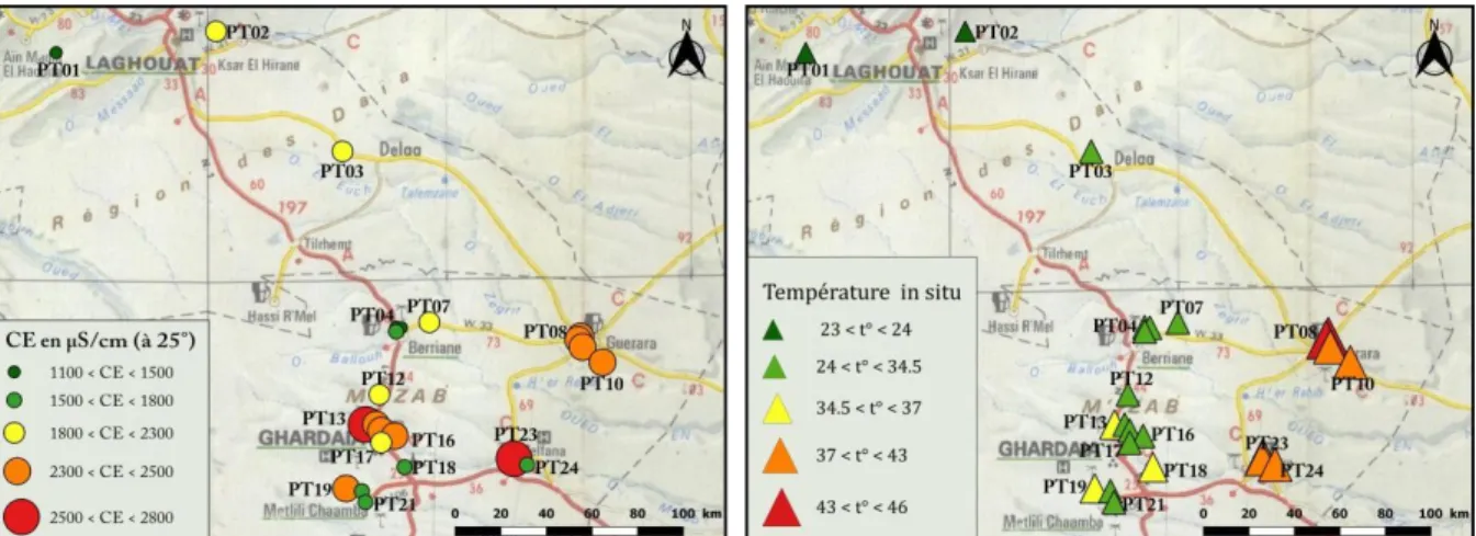 Figure 4 : en est conformément à la piézométrie régionale du CI et à la profondeur des niveaux échantillonnés  Distribution spatiale de la conductivité électrique (à gauche) et de la température (à droite)