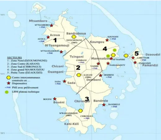 Figure 2 : Carte de répartition des centres de soins publics à Mayotte. 