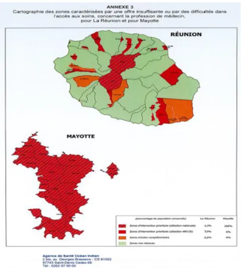 Figure 3 : Cartographie des zones d’action prioritaire (en rouge) de la profession médicale à  Mayotte et La Réunion