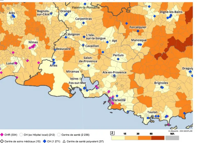 Figure 1 : Offre de soin d'urgence en Vaucluse et Bouches-du-Rhône (Cartosanté (13))