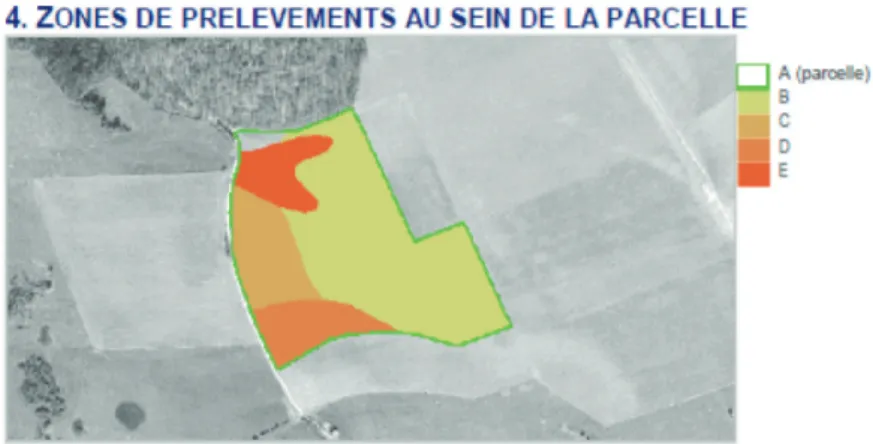 figure 8. Extrait du rapport d’échantillonnage présentant les plages de sols (partie gauche) et les zones de prélèvement (partie  droite) d’une parcelle située à Gembloux (région limoneuse, Belgique) — Extract of the sampling report with the soil mapping  