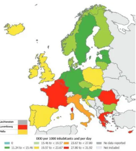Figure : Consommation antibiotique en Europe exprimée en dose définie journalière  DDJ/1000hab (ECDPC 2012) (15) 
