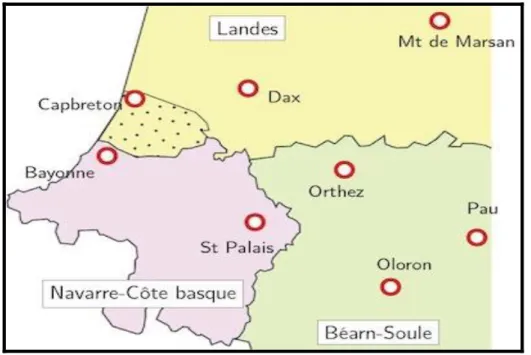 Figure 4: Secteur SAMU 64a : territoire Navarre-Côte basque + zone pointillée jaune (communes du Sud des  Landes précédemment citées)