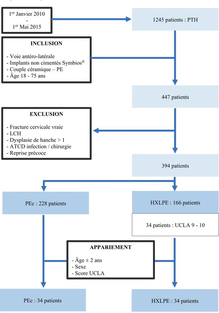 Figure 1 : Diagramme de flux  1245 patients : PTH 1er Janvier 2010  -  1 er  Mai 2015  INCLUSION  - Voie antéro-latérale 