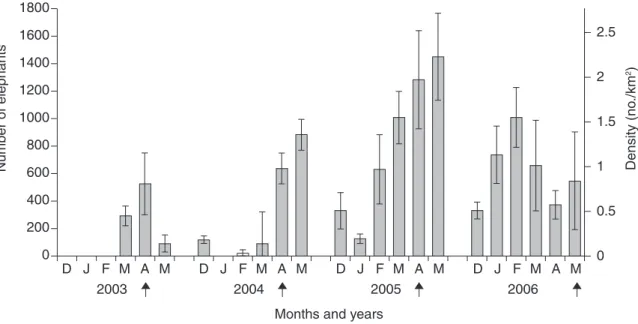 Figure 2 shows the evolution of elephant numbers  in KHZ recorded during the six months of each dry  season between 2003 and 2006