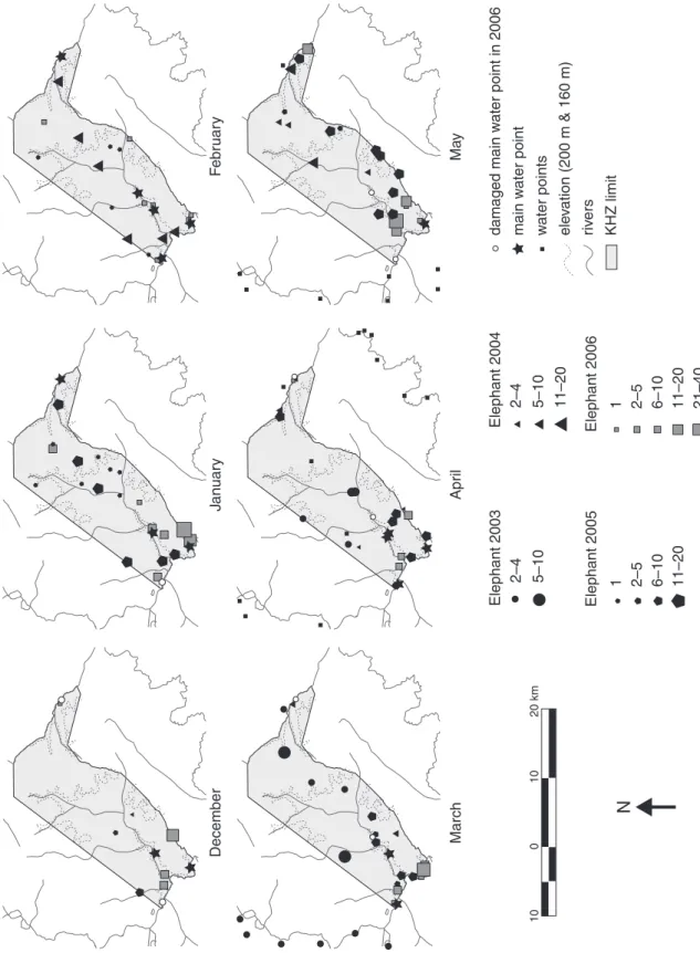 Figure 4. Konkombouri elephant distribution showing the reduction of water points during the dry season.