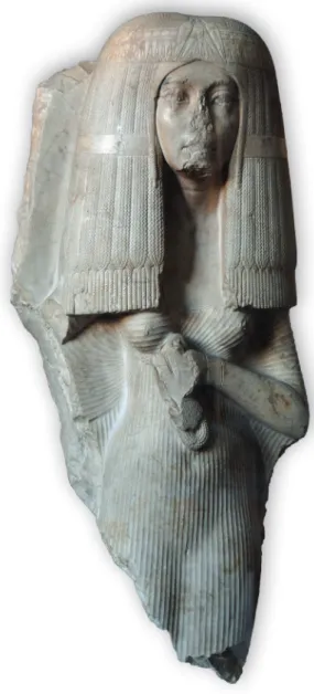 Fig. 2 : statue fragmentaire d’un groupe réprésentant le général Nakht- Nakht-min, fils d’Ay, et son épouse, datant du règne de Toutankhamon ou  d’Ay (Le Caire CG 779B)