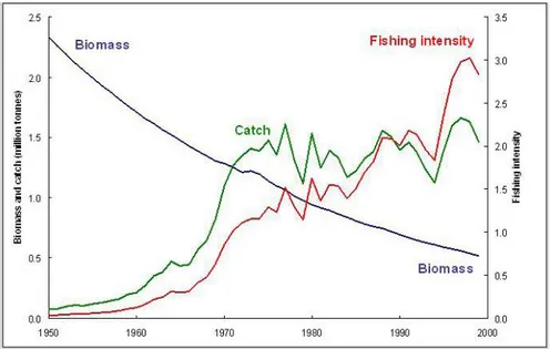 Figure 8. Diminution de la biomasse par rapport à l’augmentation de l’effort   de pêche de 1950 à 2000 en Afrique de l’Ouest (Pauly, 2002) 83