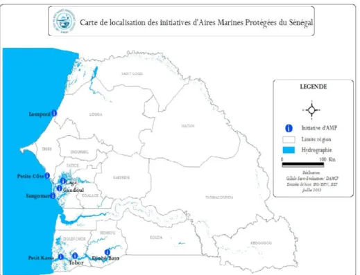 Figure 13. Localisation des nouvelles créations d’AMP sur le littoral du Sénégal (DAMPC, 2013) 