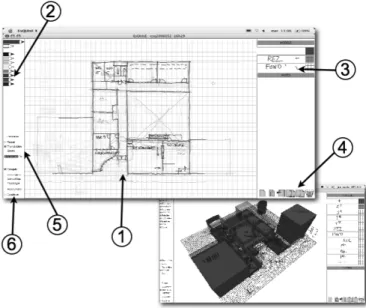 Figure 5. Interface EsQUIsE en mode dessin (image principale) et en mode 3D (seconde  image)