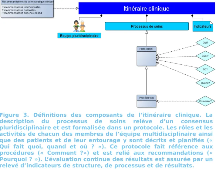 Figure  3.  Définitions   des   composants   de   l’itinéraire   clinique.   La description   du   processus   de   soins   relève   d’un   consensus pluridisciplinaire et est formalisée dans un protocole