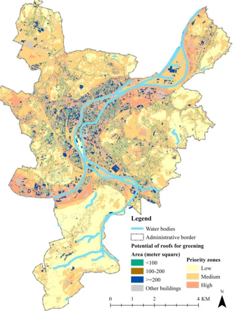 Figure 5. Potential of green roofs in the city of Liege along with priority zones 