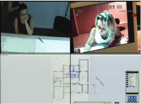 Figure 1 : Collation en un seul écran de la vision du bureau virtuel et de la vision des architectes au travail sur ce même bureau lors d'une réunion à distance (via Skype).