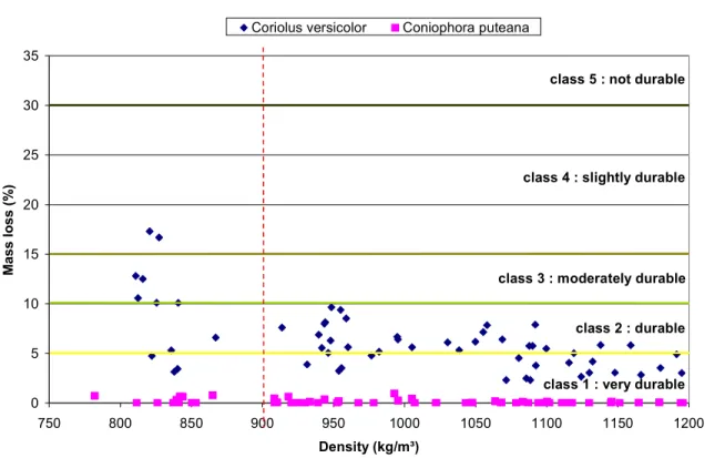 Figure 1: Mass loss due to Basidiomycetes fungi versus density