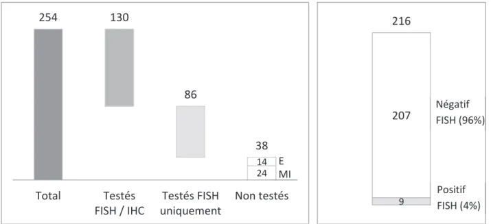 Figure  10:  Nombre  de  cas  testés  par  FISH  et/ou  IHC  et  nombre  déchec  par  FISH  (E)  et  nombre  non  testé  par  manque  de  matériel  (MI)