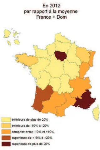 Figure 6  Densité des dermatologues en France en 2012, source IRDES 