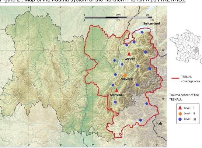 Figure 2 : Map of the trauma system of the Northern French Alps (TRENAU). 