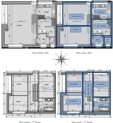 Fig. 2 shows the floor plan (ground floor and first floor (right) as well as the zoning strategy  (left) defined in the TRNSYS simulations)