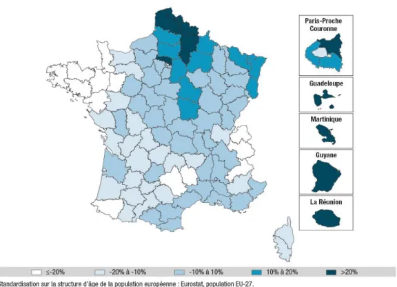 Figure 2 : Variations de la prévalence départementale du diabète traité pharmacologiquement par rapport à la  prévalence nationale en 2015 en France (12) 