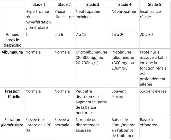 Tableau 1 : Classification des néphropathies diabétiques  (18) 