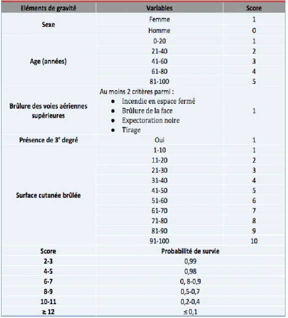 Tableau 4 : score ABSI (Abbreviated Burn Severity Index), Tobiasen et al [39]. 